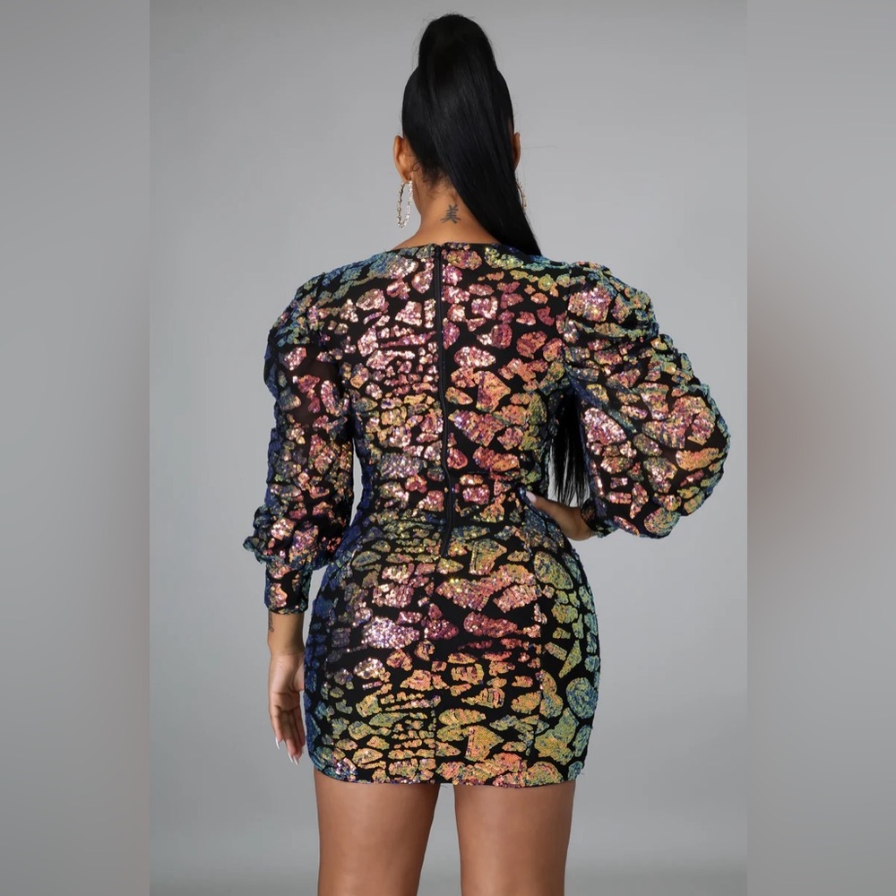 NEW! Multicolor Sequin Puff Shoulder Long Sleeve Bodycon Mini Dress - Picture 5 of 6